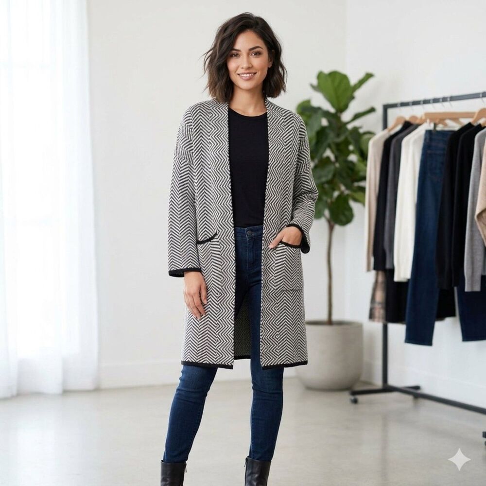 PAIGE Joyce Long Line Chevron Heavy Knit Cardigan - Black/Cream M